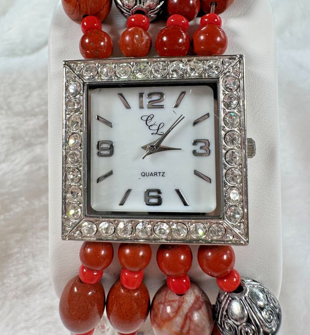 Chunky Boho Beaded Bracelet Watch Colleen Lopez Crystal Bezel Red Jasper Quartz